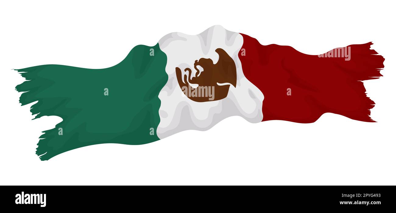 Old and wrinkled Mexican flag with torn edges. Cartoon style design on white background. Stock Vector
