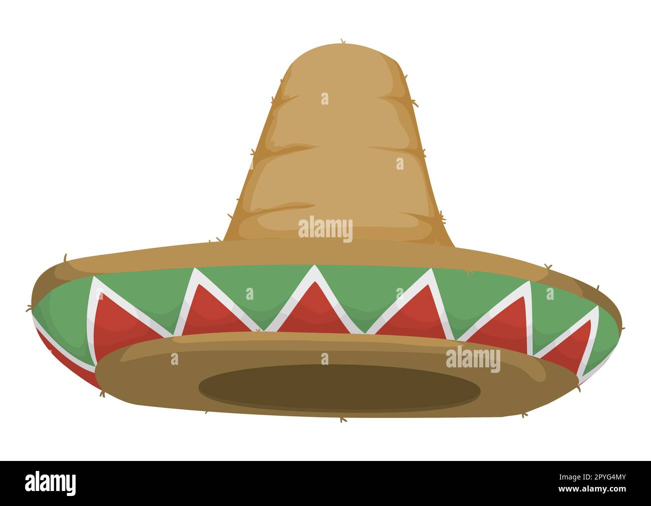 Mexican design in sombrero or charro hat made with rustic straw, decorated with green, white and red triangles in the brim. Stock Vector