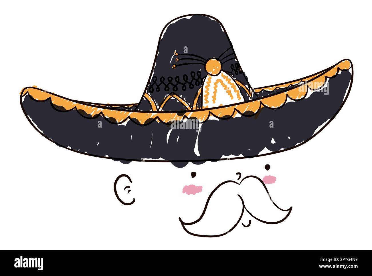 Face of a cute man with mustache, rosy cheeks and big mariachi sombrero ...