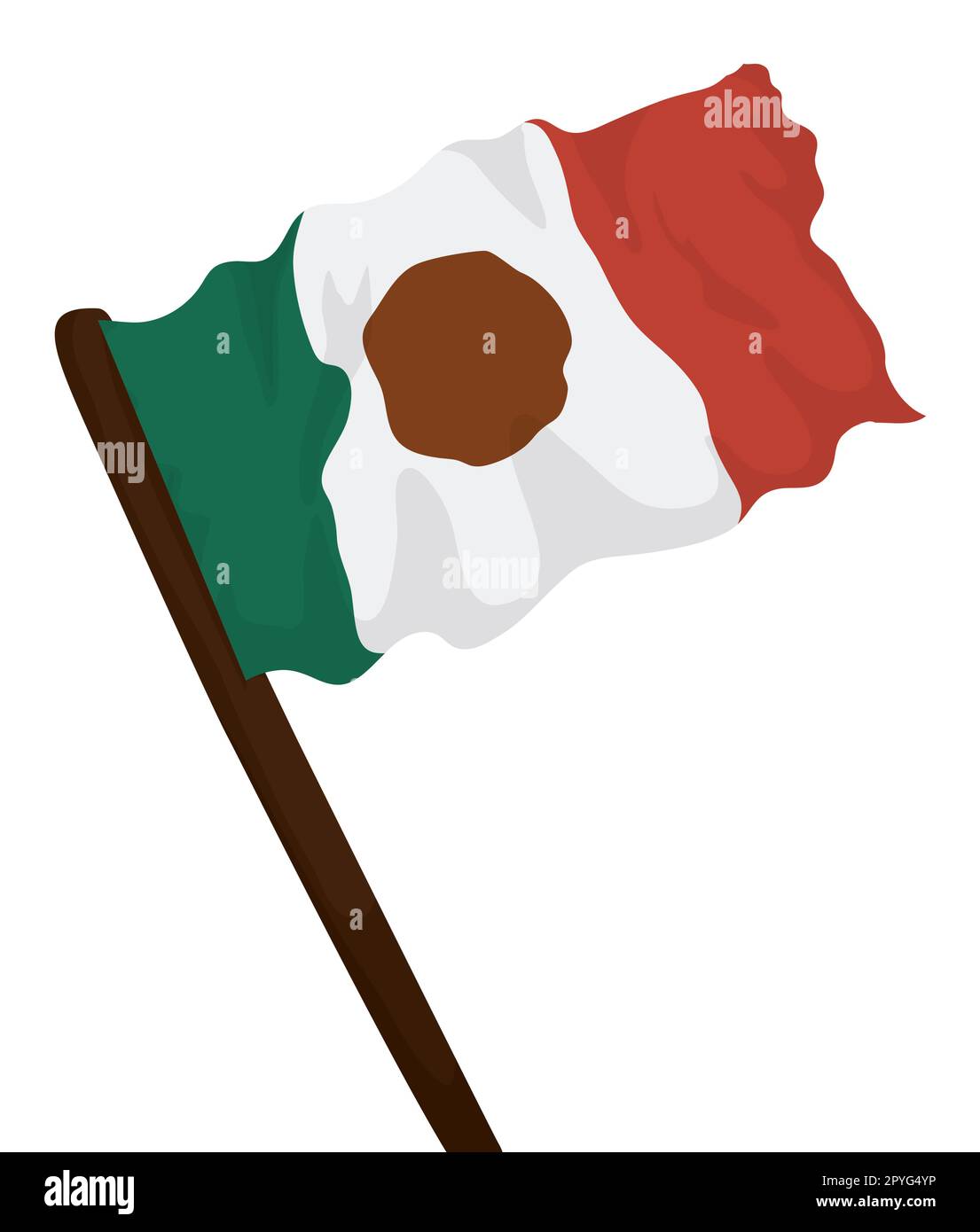 Old flag of Mexico with torn edge, waving on the flagpole. Design in cartoon style on white background. Stock Vector
