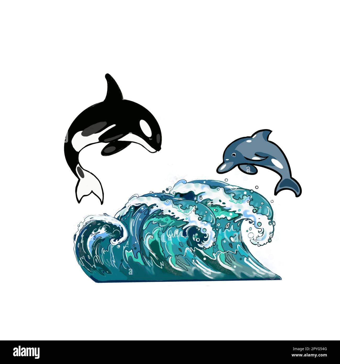 sea set, dolphin, a whale on a wave and a white background Stock Photo ...