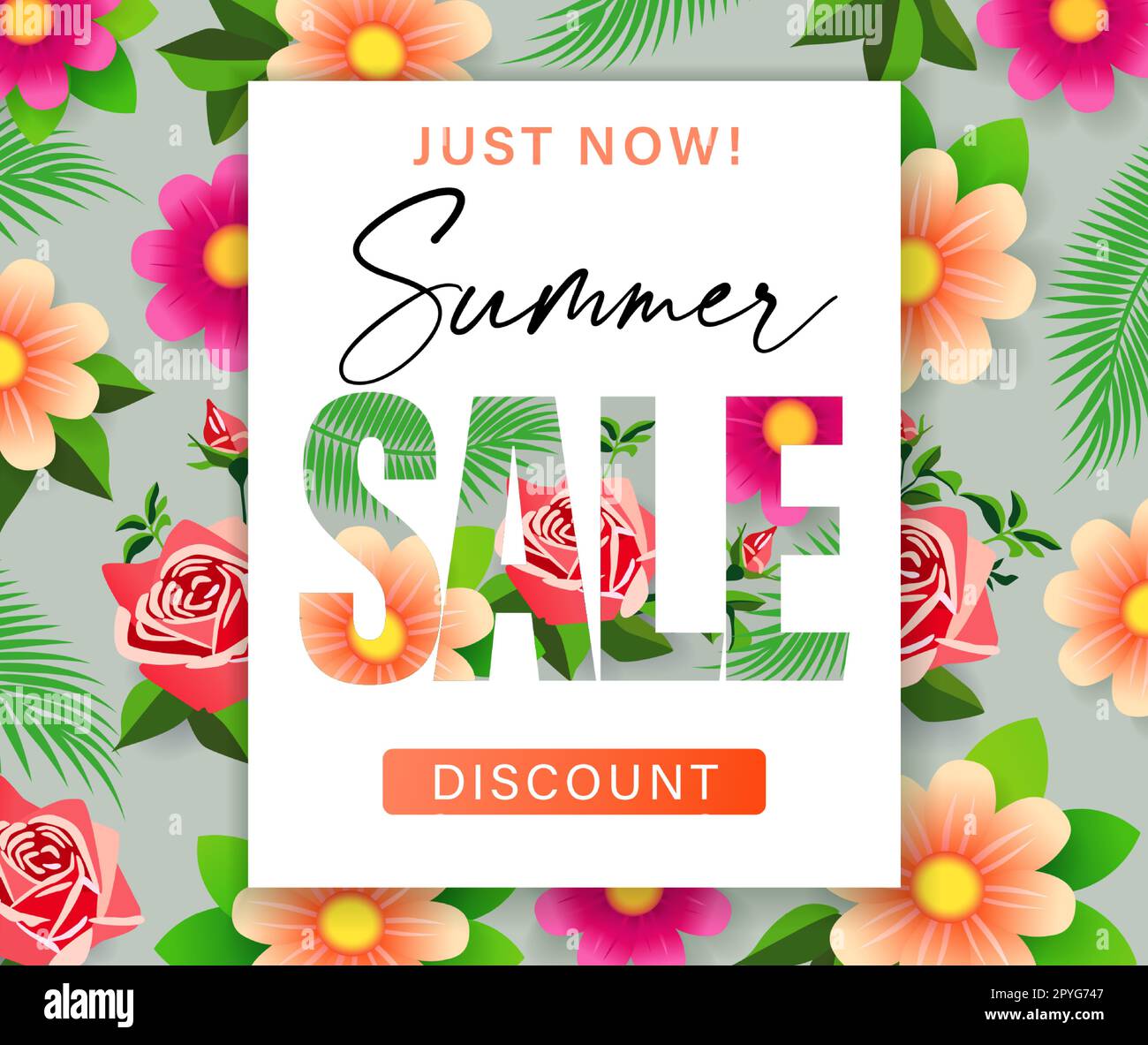 Summer sale lettering with flowers and palm leaves. Discount poster