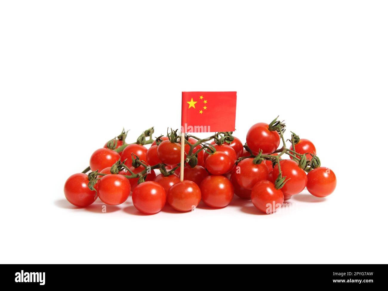 Pile of Fresh Cherry Tomatoes With Flag of China Isolated on White Background Stock Photo