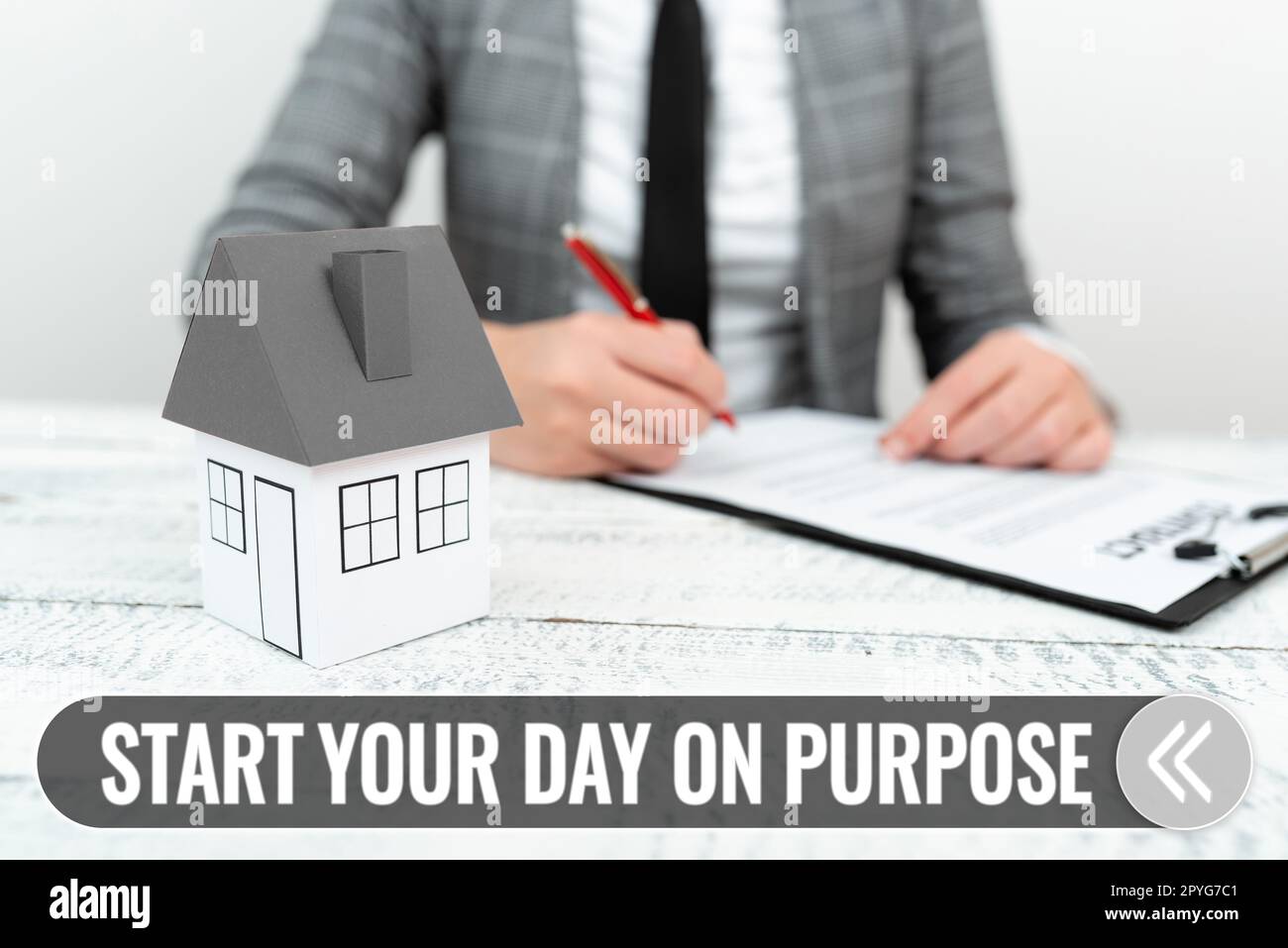 Hand writing sign Start Your Day On Purpose. Business concept Have clean ideas of what you are going to do Stock Photo