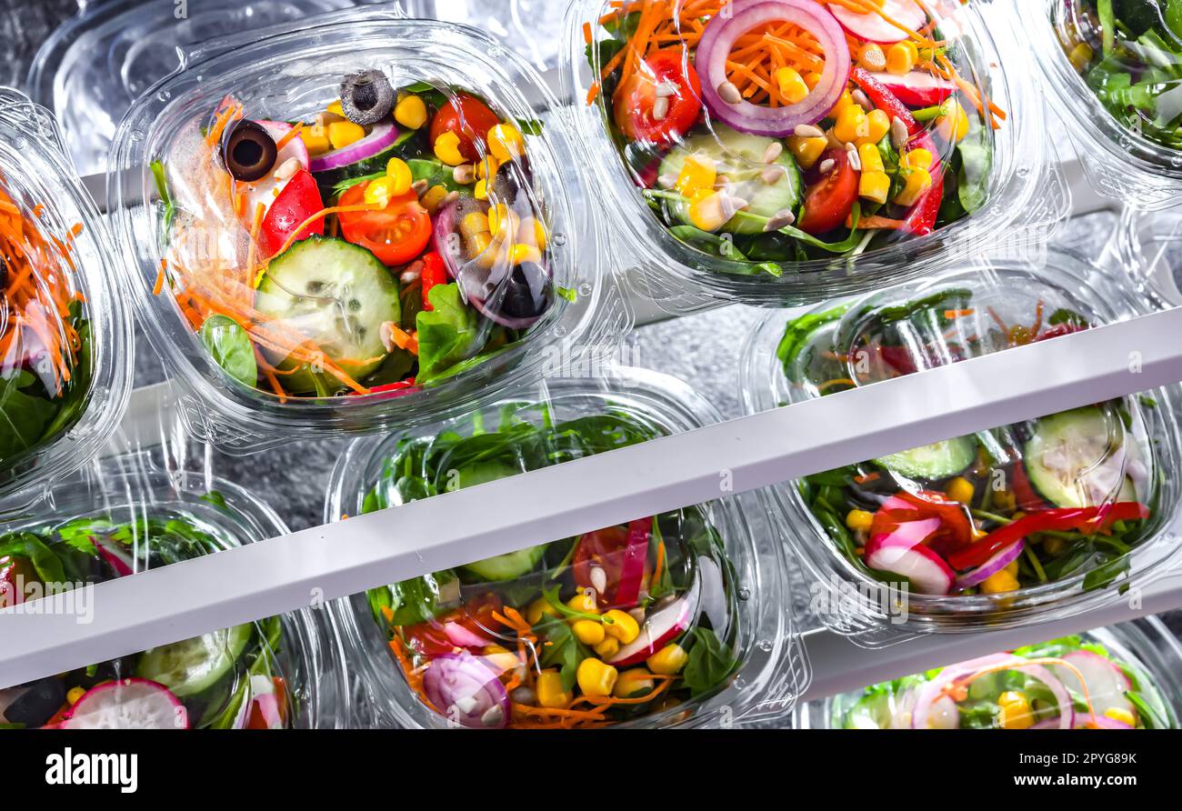 Boxes with prepackaged vegetable salads in a commercial fridge Stock Photo Alamy