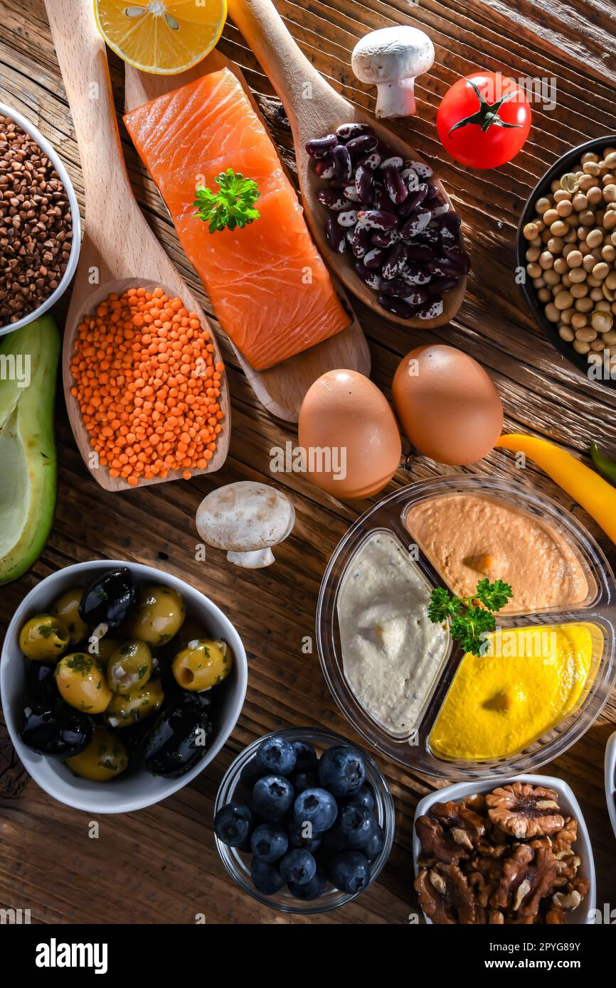 Ingredients of healthy diet that maintains overall health Stock Photo
