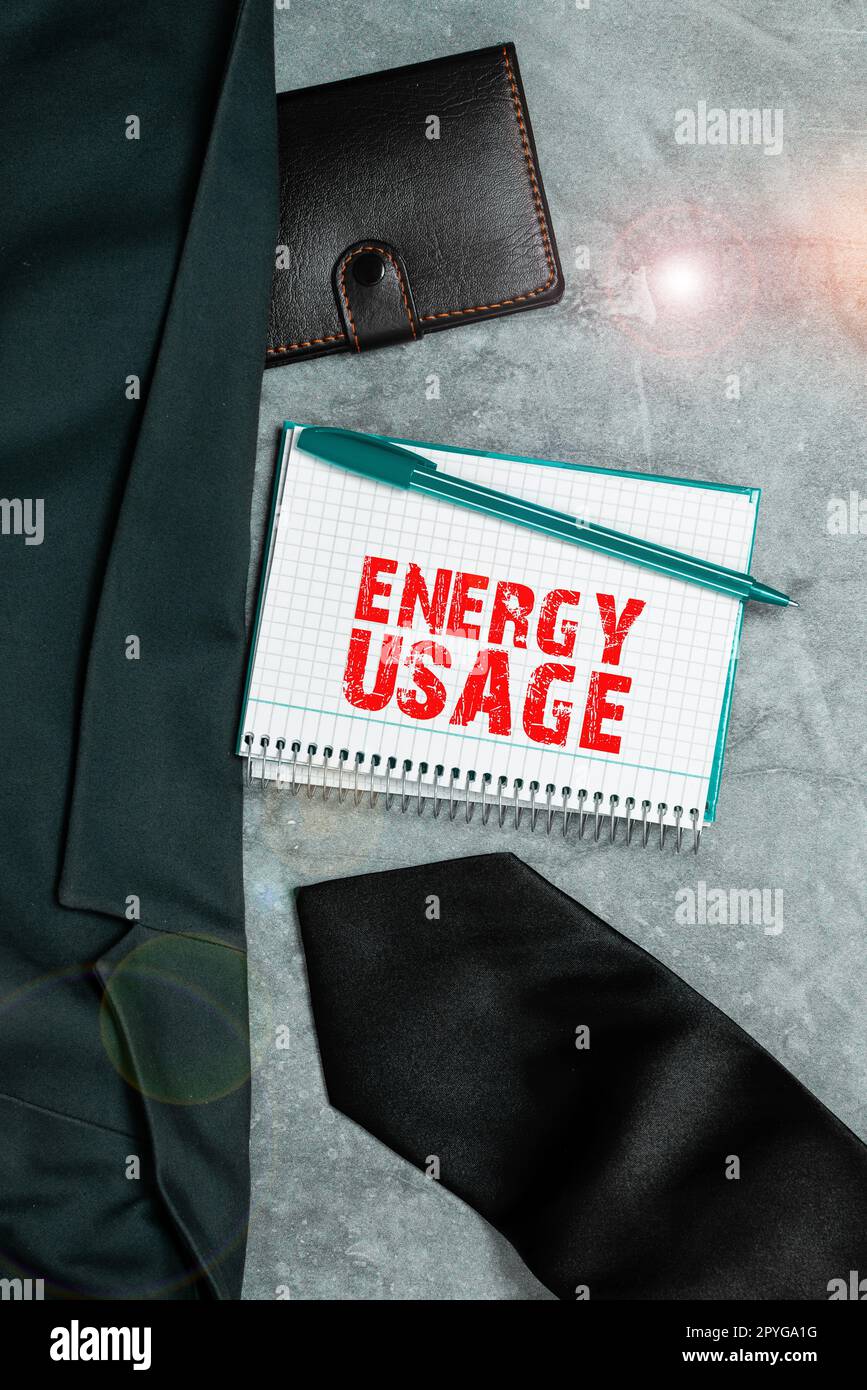 Text caption presenting Energy Usage. Word for Amount of energy consumed or used in a process or system Stock Photo