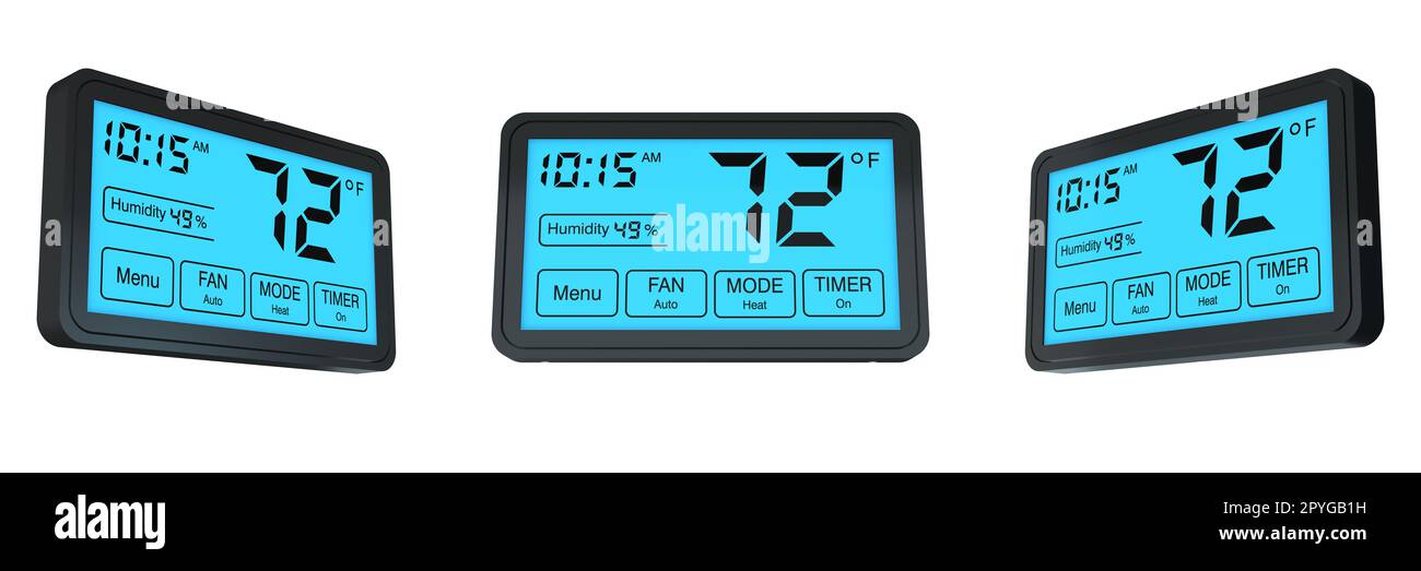 digital programmable thermostat on background, left, front and right