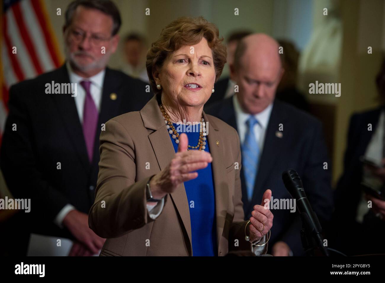 United States Senator Jeanne Shaheen (Democrat of New Hampshire) offers remarks on China Competitiveness Legislation during a press conference at the US Capitol in Washington, DC, Wednesday, May 3, 2023. Credit: Rod Lamkey/CNP Stock Photo