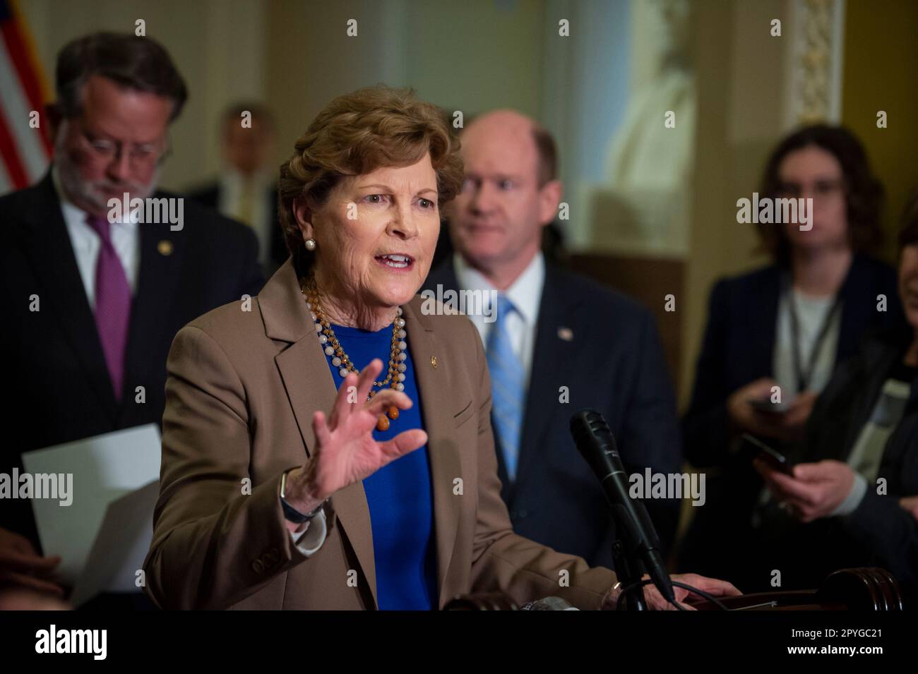 United States Senator Jeanne Shaheen (Democrat of New Hampshire) offers remarks on China Competitiveness Legislation during a press conference at the US Capitol in Washington, DC, Wednesday, May 3, 2023. Credit: Rod Lamkey/CNP Stock Photo