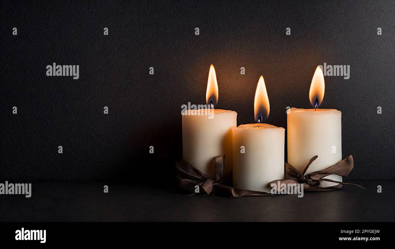 Three burning wax candles on black floor and dark wall background Stock ...