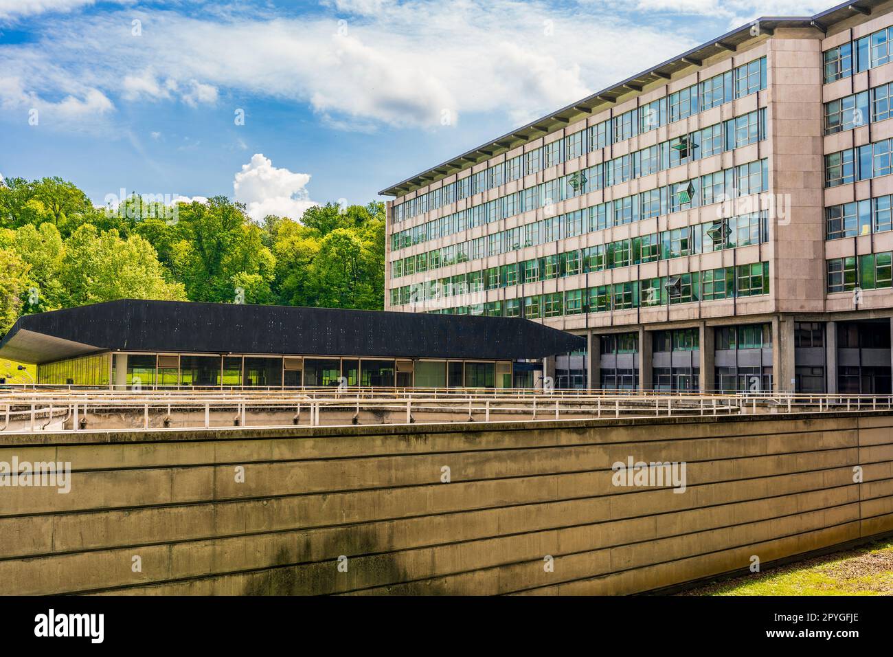 Palazzo Uffici Olivetti, office building built in 1960s in International style for Olivetti company,  Italian manufacturer of computers, Ivrea, Italy Stock Photo