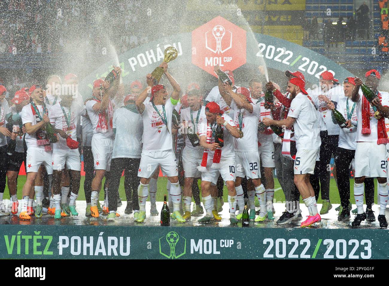 Prague, Czech Republic. 3rd May, 2023. OSCAR DORLEY of Slavia Praha fights  for the ball with Sparta's ADAM KARABEC (L) during Czech Cup of 2022-2023  at May 03, 2023, in Prague as