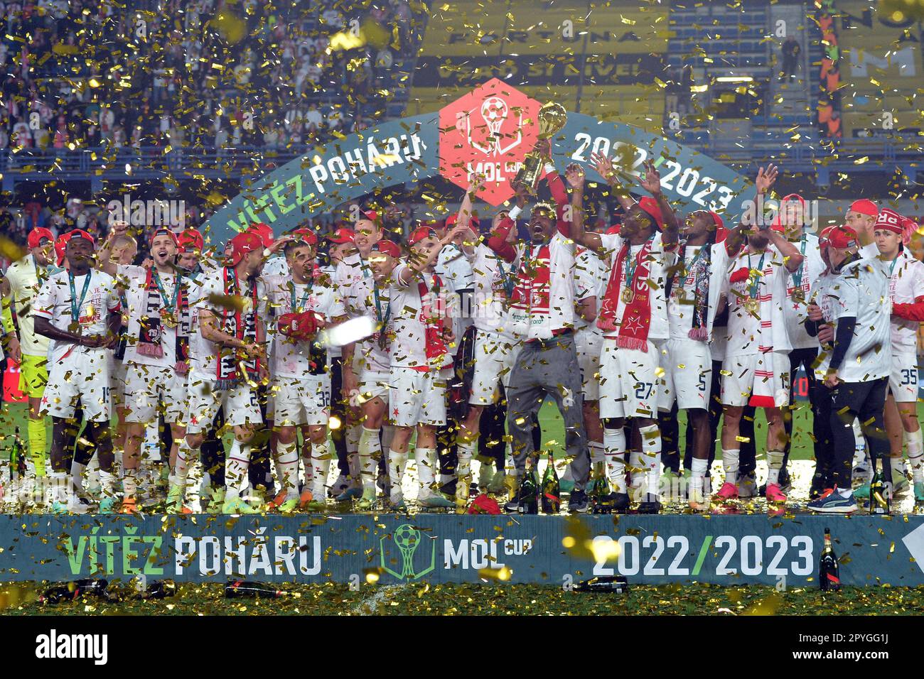 Prague, Czech Republic. 27th May, 2023. Sparta Praha footballers won the  first division title after nine years as the team drew 0-0 with Slovacko in  the latest match in Prague, Czech Republic