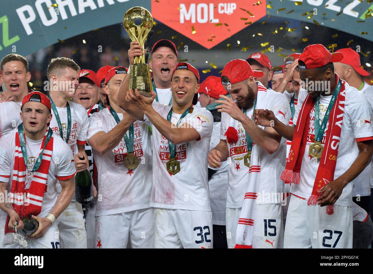 Prague, Czech Republic. 27th May, 2023. Sparta Praha footballers won the  first division title after nine years as the team drew 0-0 with Slovacko in  the latest match in Prague, Czech Republic