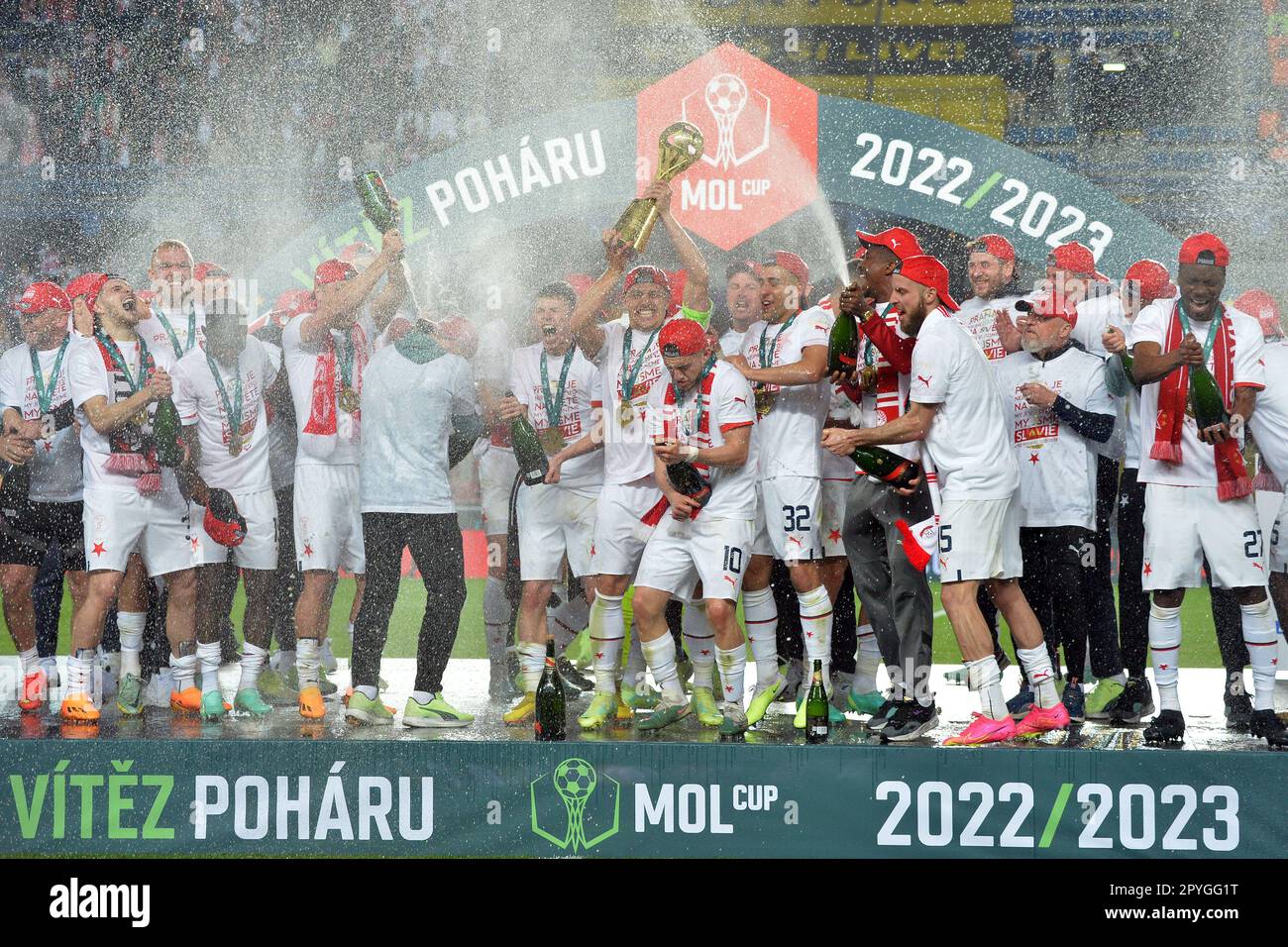 Prague, Czech Republic. 3rd May, 2023. OSCAR DORLEY of Slavia Praha fights  for the ball with Sparta's ADAM KARABEC (L) during Czech Cup of 2022-2023  at May 03, 2023, in Prague as