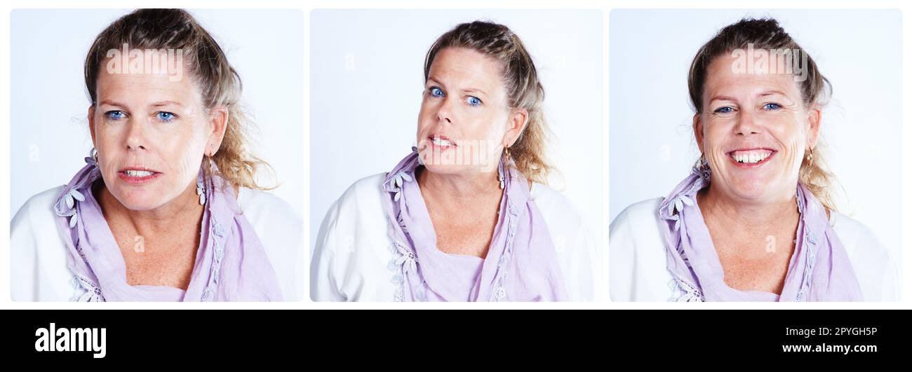 Three faces of me. Composite shot of the many expressions of people. Stock Photo