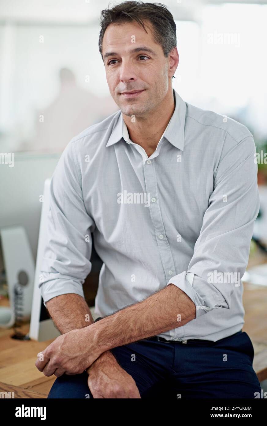 Experienced executive. Portrait of a mature businessman sitting on his desk. Stock Photo