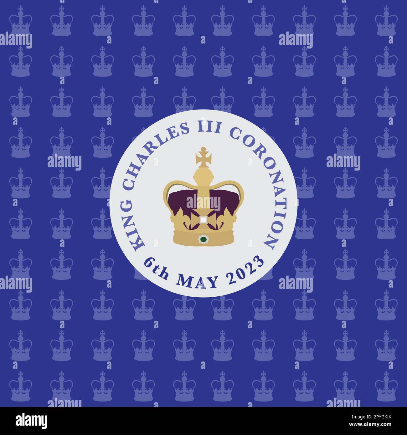Coronation 6th May 2023 vector illustration on a blue crown pattern background Stock Vector