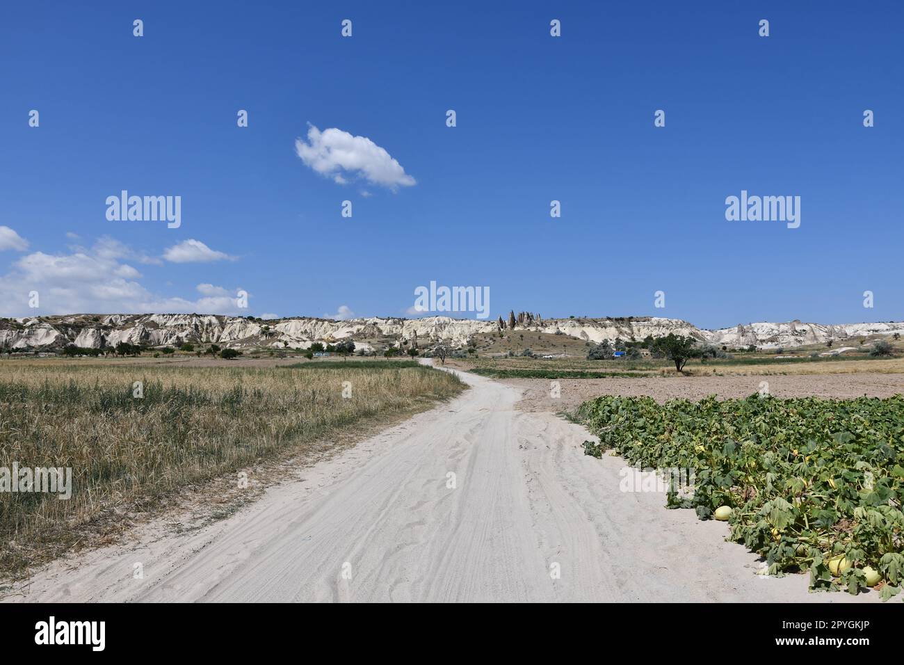 Fields and sandy paths next to Cavusin in Cappadocia, Turkey Stock Photo