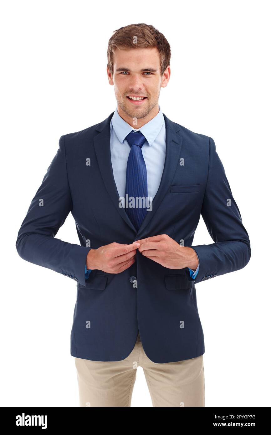 Businessman buttoning his suit jacket Cut Out Stock Images & Pictures