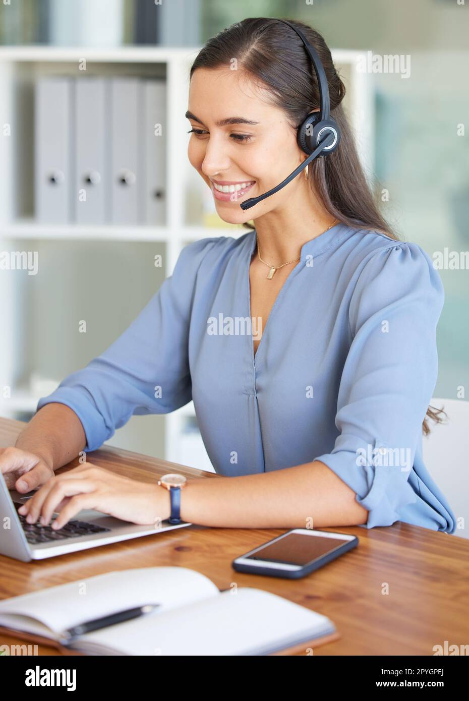 Telemarketing, call center and woman typing on laptop for 