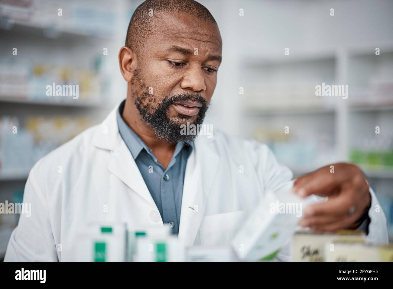 Pharmacy, pharmacist and black man check inventory on shelf in shop