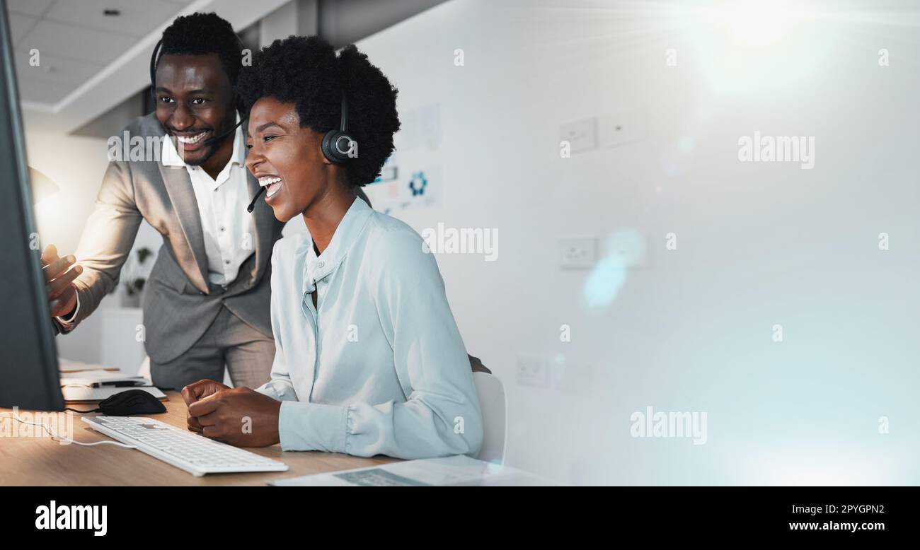 Call center, teamwork mockup and business people success in telemarketing, customer service management or computer tech in office. Black man, happy woman and sales planning, review or online solution Stock Photo