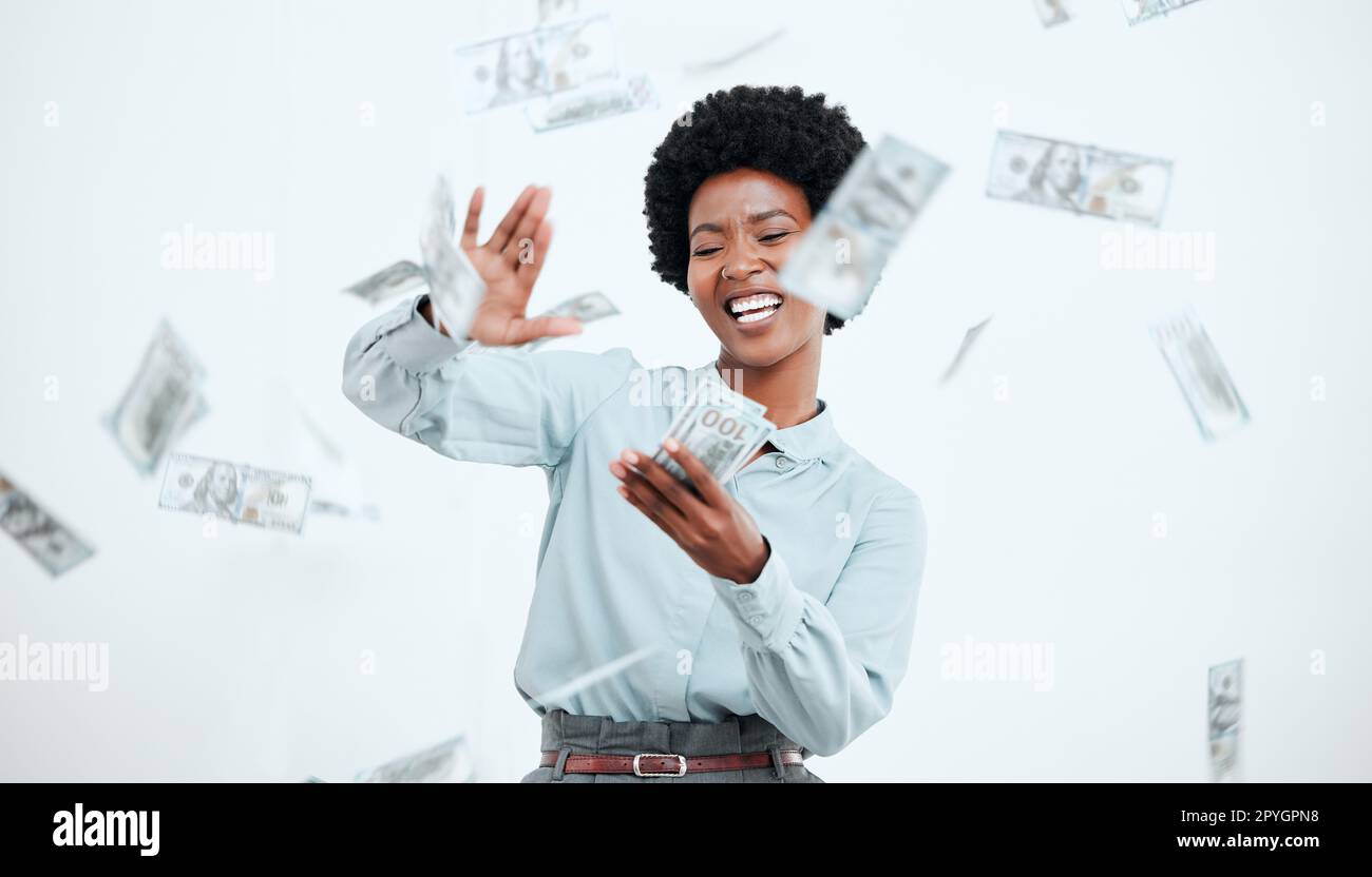 Money, cash and business black woman in studio wealth, bonus and investment success with finance, profit and savings. Lottery, winner and salary of an african corporate employee for financial freedom Stock Photo