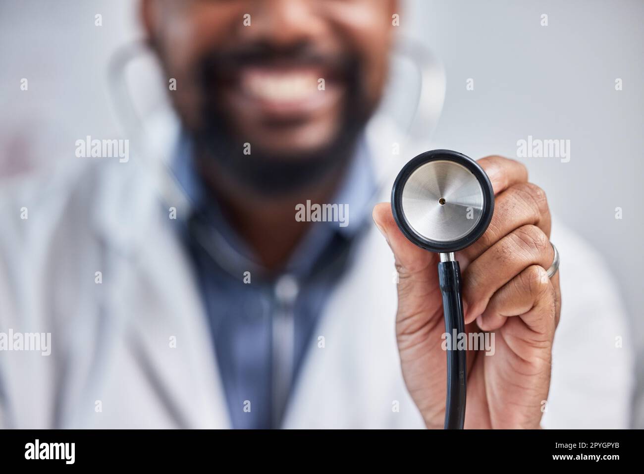 Doctor, healthcare and closeup of stethoscope in hospital for a heart