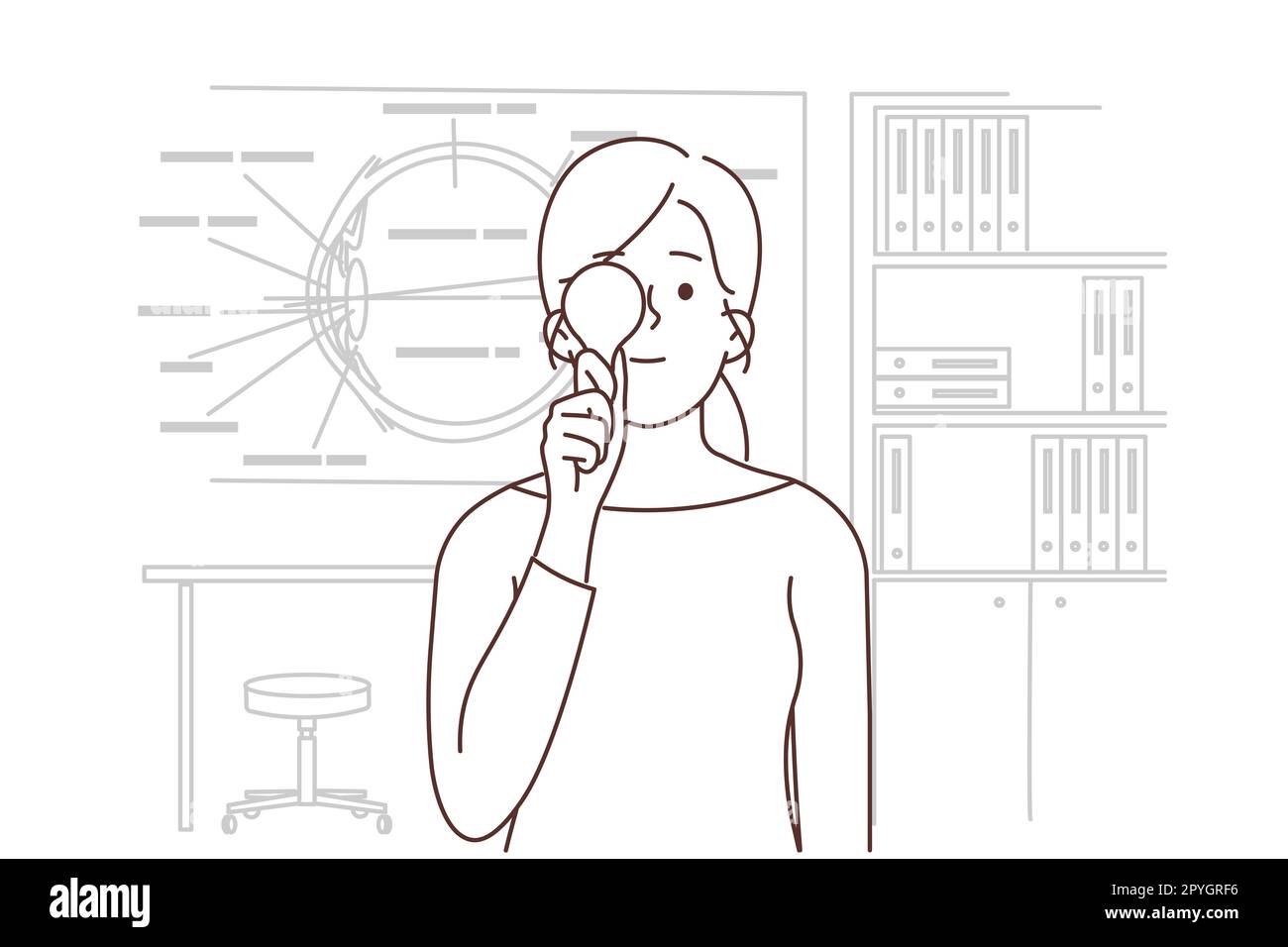 Young woman check sight in oculist Girl close one eye examine