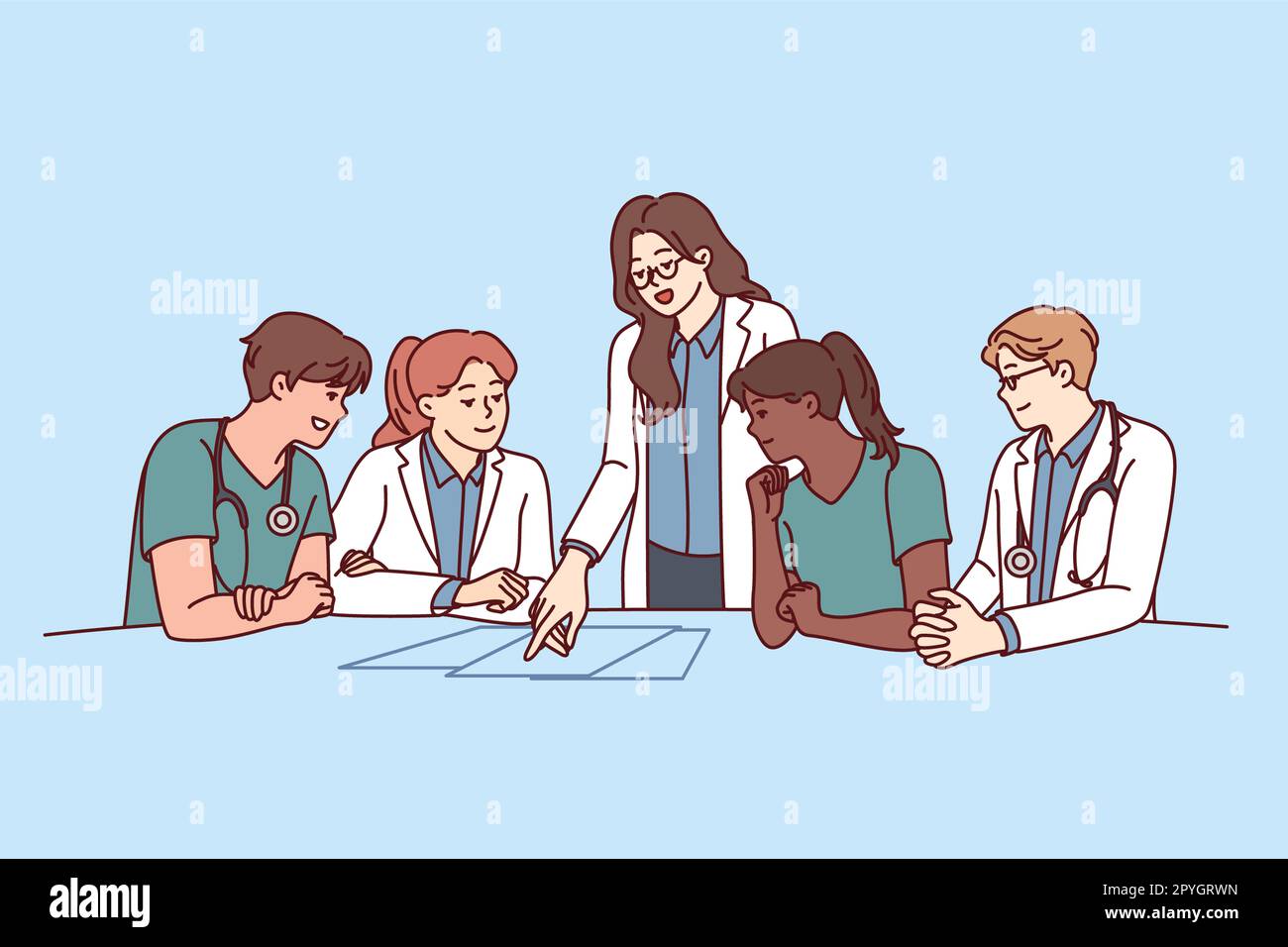 Clinic staff meeting, with doctors sitting at table and head physician  giving instructions to medical workers. Men and women working in clinic  choosin Stock Photo - Alamy