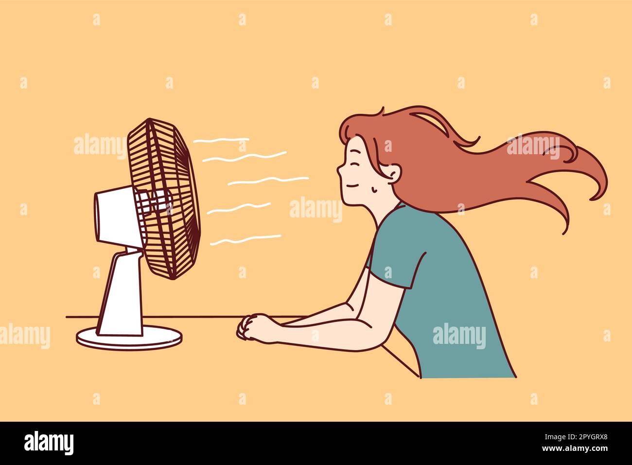 Woman sitting in front of fan enjoying cold wind after walking in hot summer weather or doing housework. Sweaty girl cools herself using electric fan Stock Photo