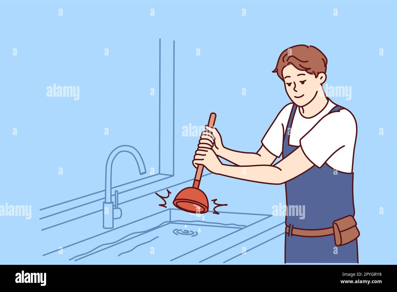 Man plumber uses plunger to clear blockage in sink in kitchen or