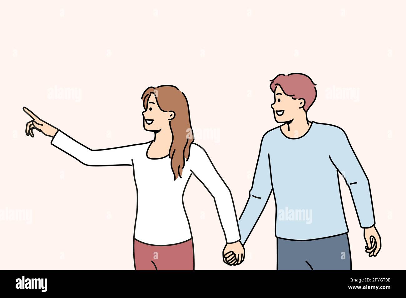 Smiling woman holding man by hand showing something forward. Happy