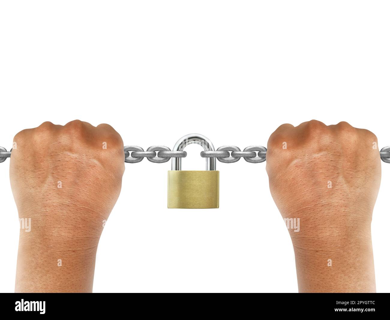 A man Handle gray metal chain and padlock on white background Stock Photo