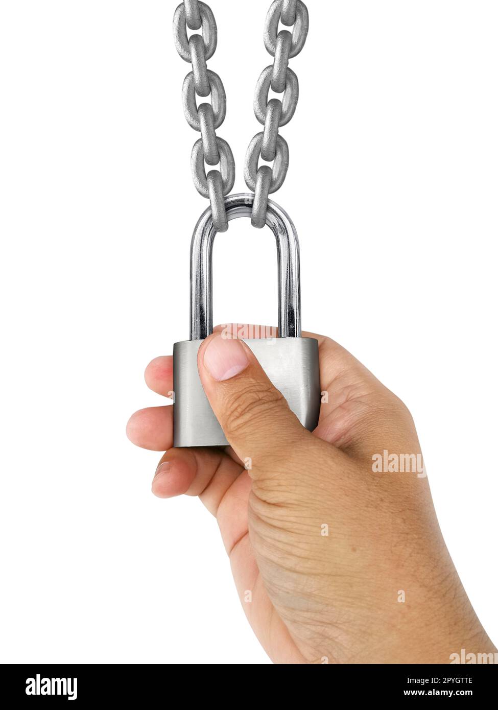 A man Handle padlock and gray metal chain on white background Stock Photo