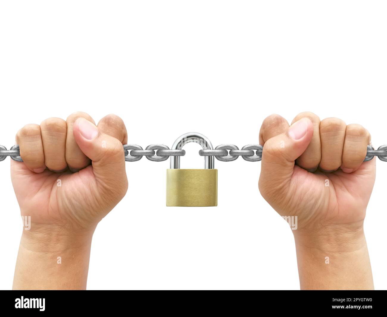 A man Handle gray metal chain and padlock on white background Stock Photo