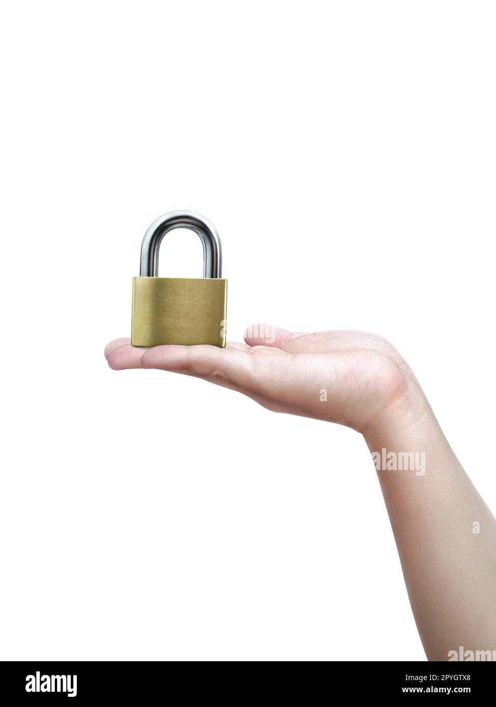Metal padlock in hand isolated on white background Stock Photo - Alamy