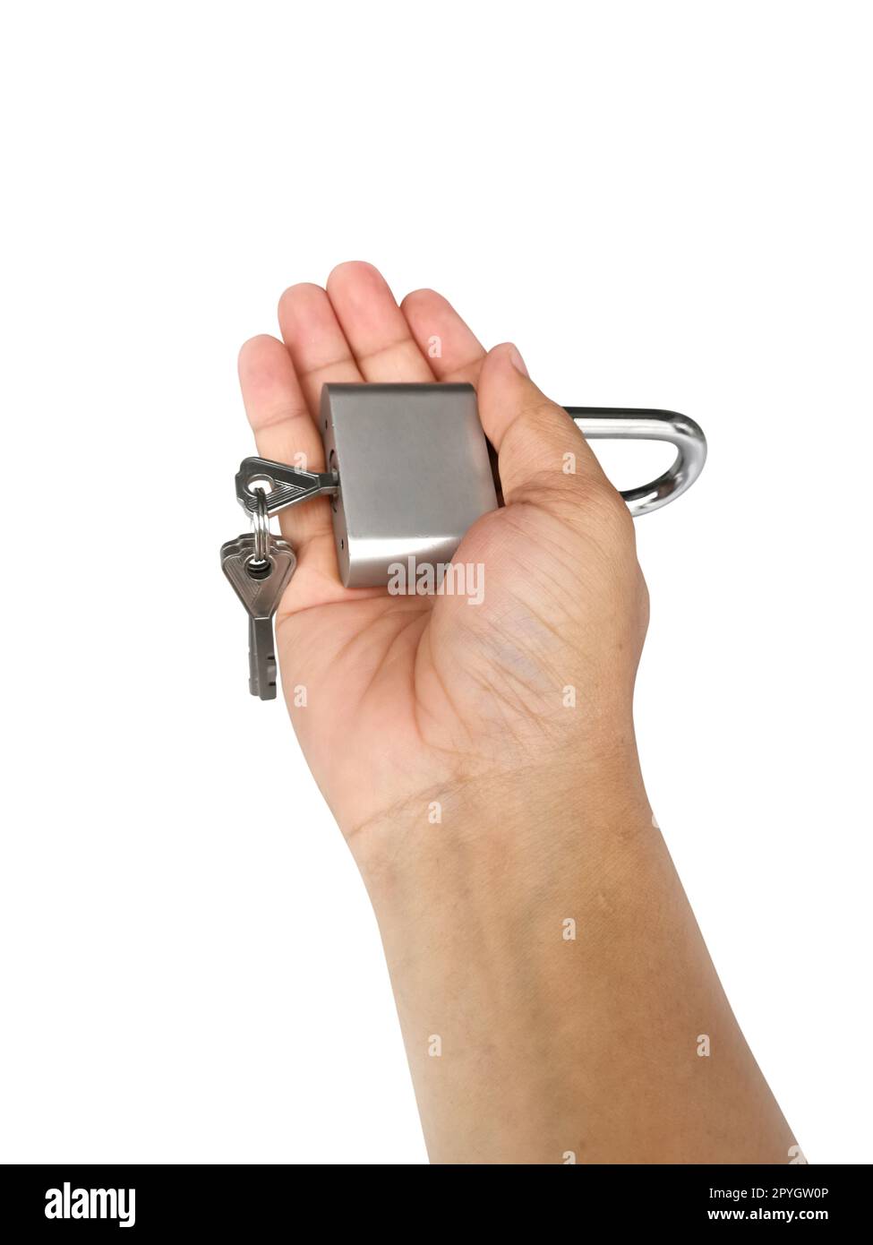 Metal padlock in hand isolated on white background Stock Photo - Alamy