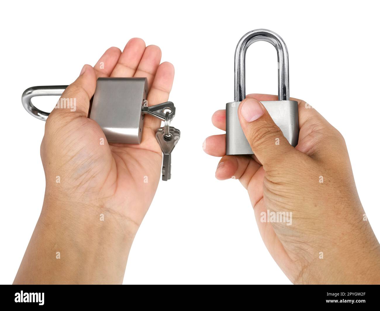 Metal padlock in hand isolated on white background Stock Photo - Alamy