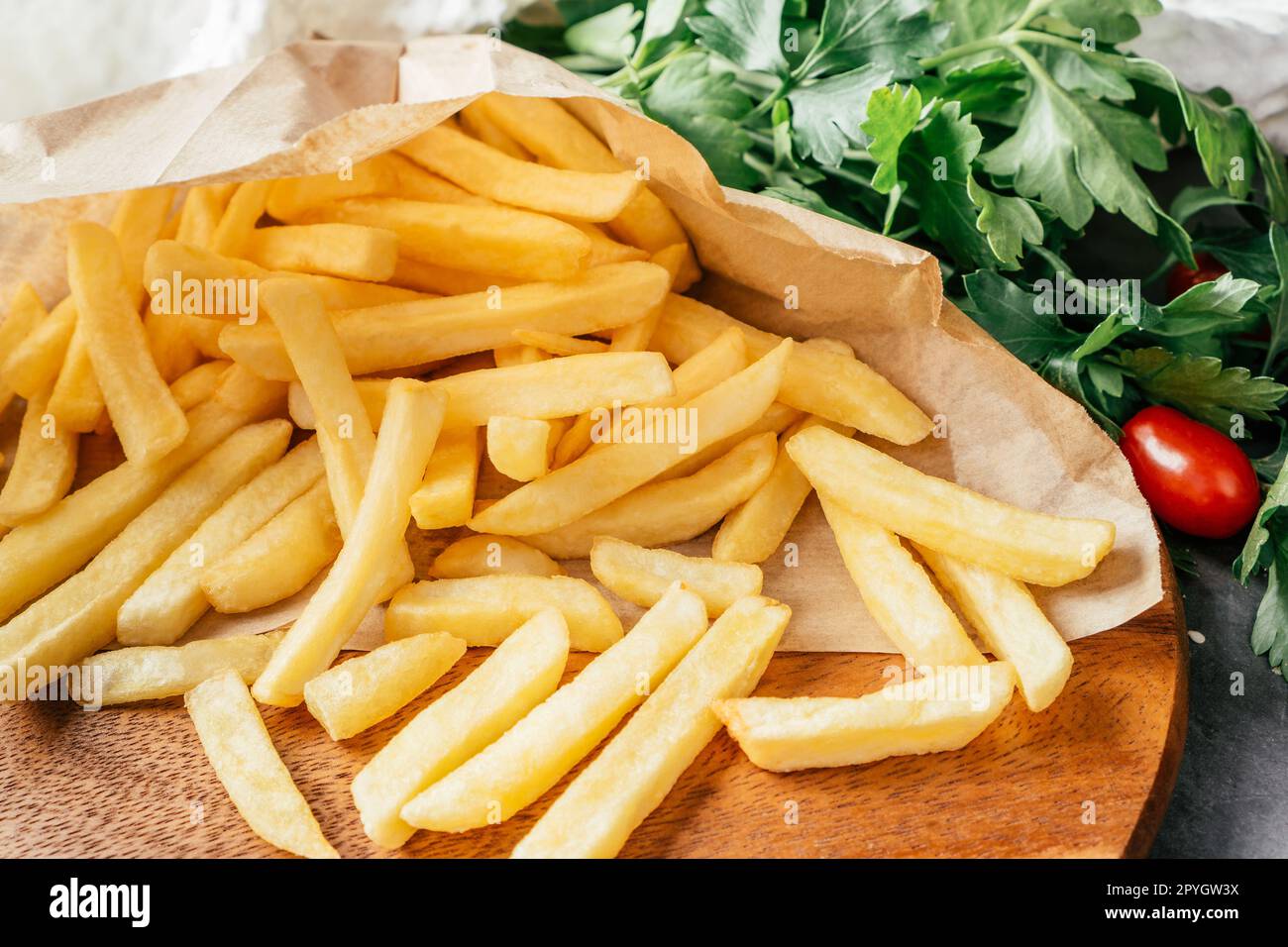 Perfect French Fries Potatoes In Red And Yellow Paper Bag Packaging Pocket  Stock Photo - Download Image Now - iStock