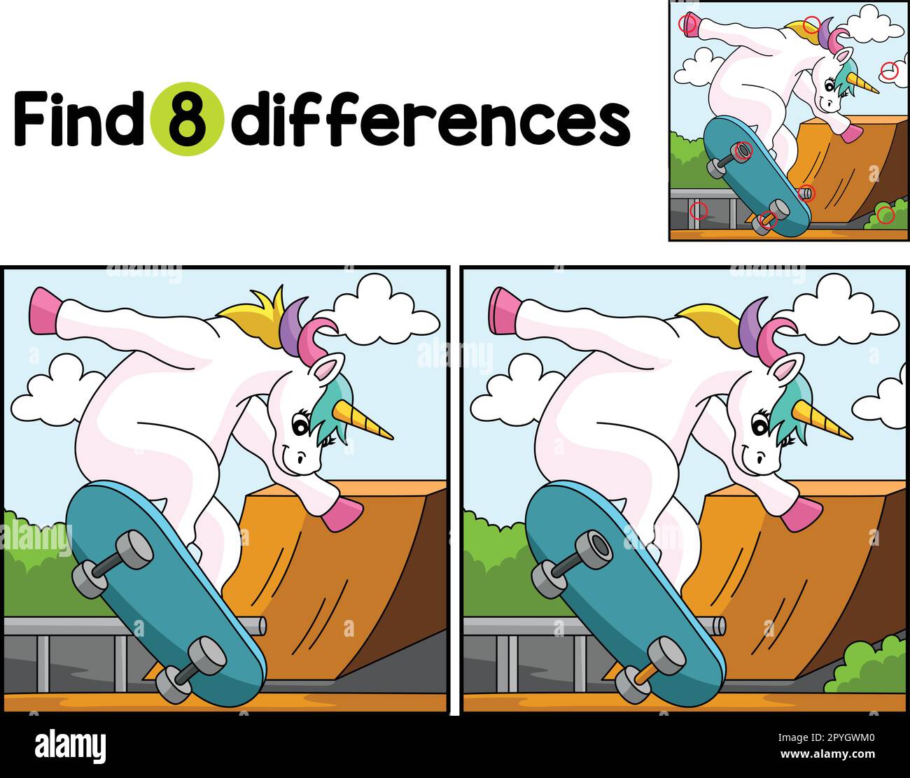 Unicorn on a Skateboard Find The Differences Stock Vector Image & Art ...