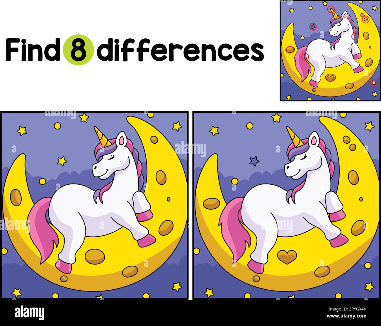Unicorn Sleeping on a Moon Find The Differences Stock Vector Image ...
