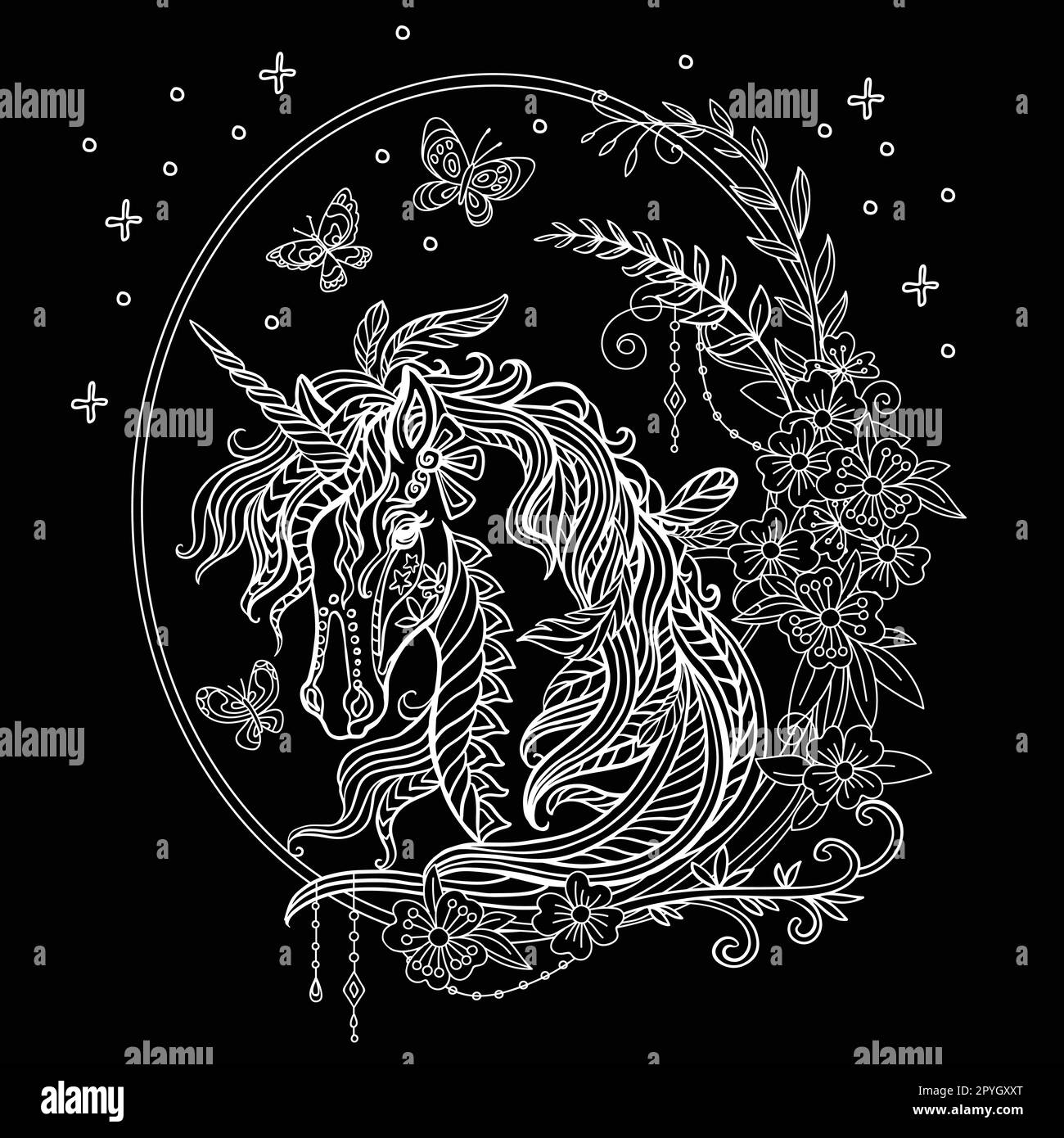 Vector decorative doodle ornamental head of unicorn with flowers. Magic ...