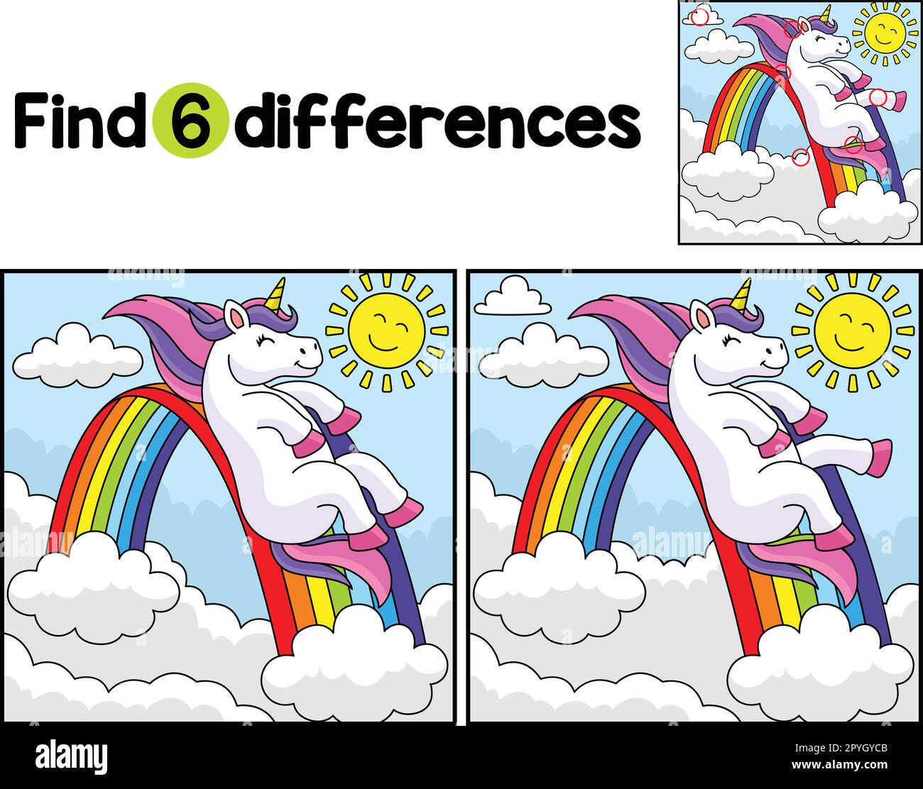 Unicorn Sliding on Rainbow Find The Differences Stock Vector Image ...
