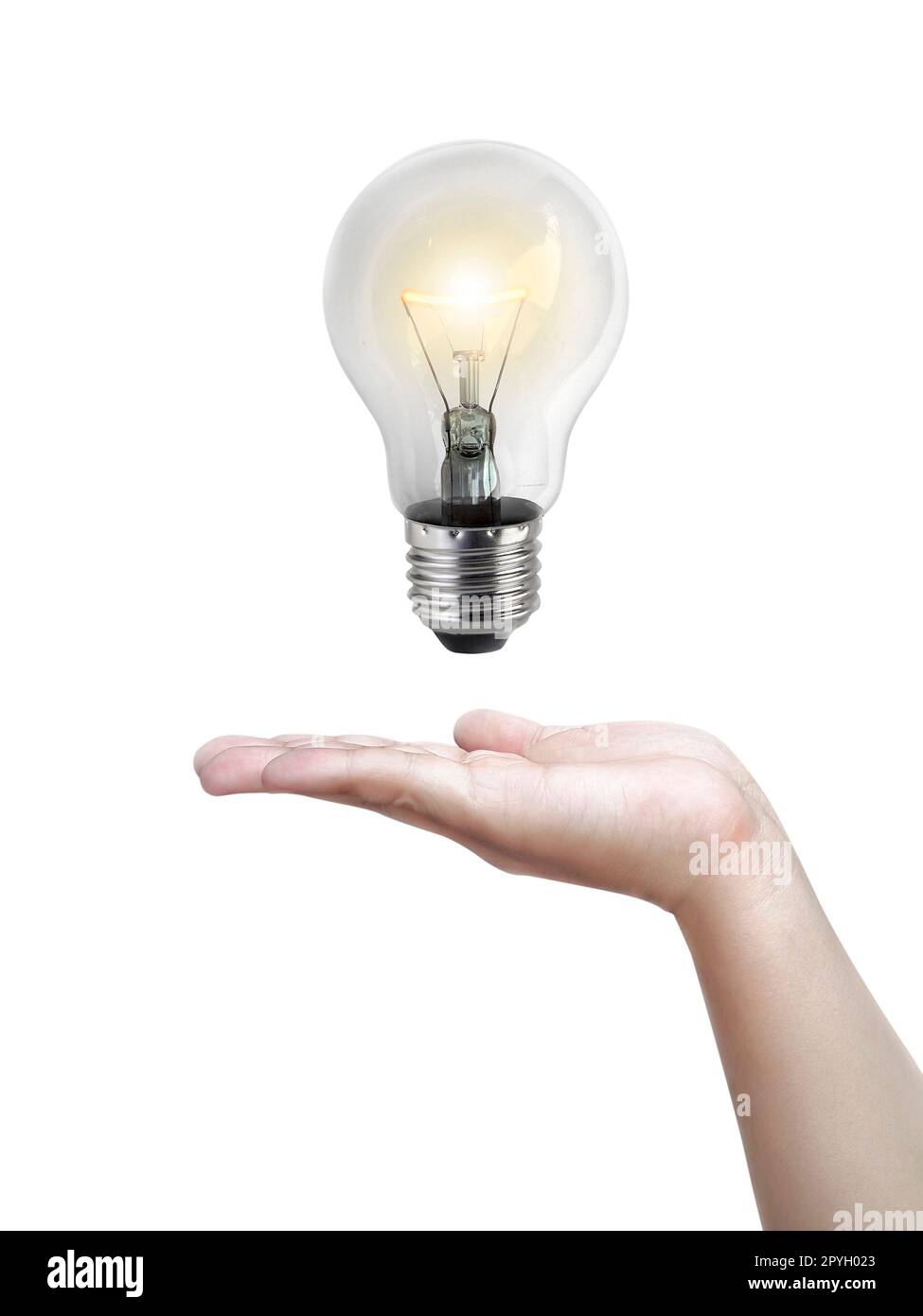 Light bulb in hand,Realistic photo image. Turn on tungsten light bulb with hand, isolated on white background Stock Photo
