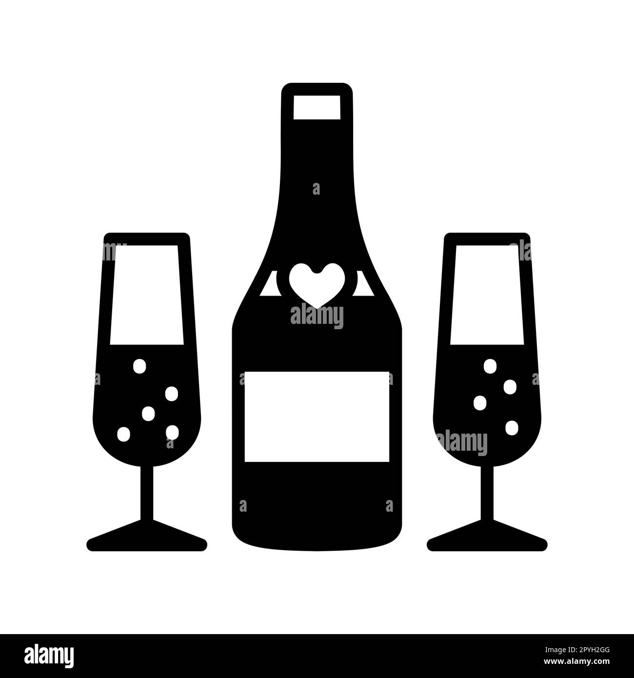 Bottle of champagne and two glasses isolated glyph icon. Vector illustration, romance elements. Sticker, patch, badge, card for marriage, valentine Stock Photo