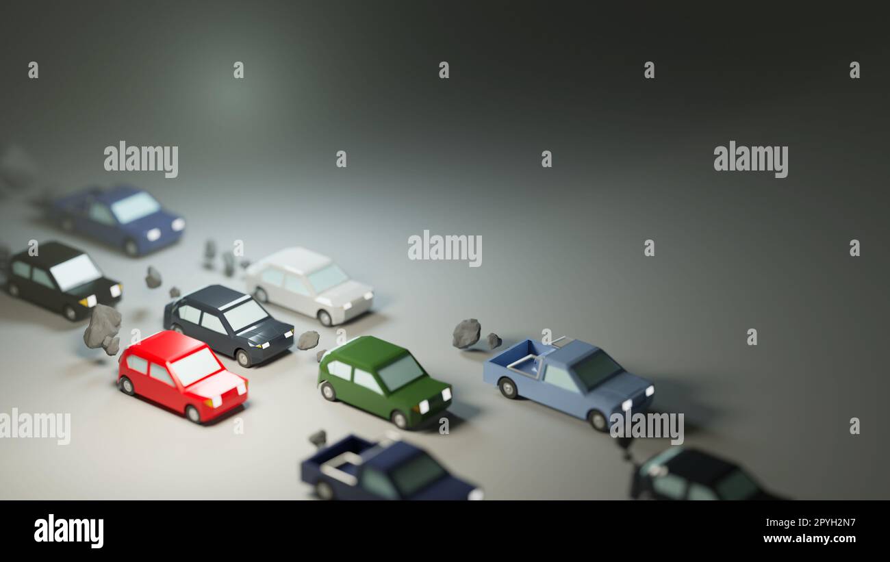 Air pollution, smog produced by gas-powered cars. Low-poly digital 3D rendering. Stock Photo