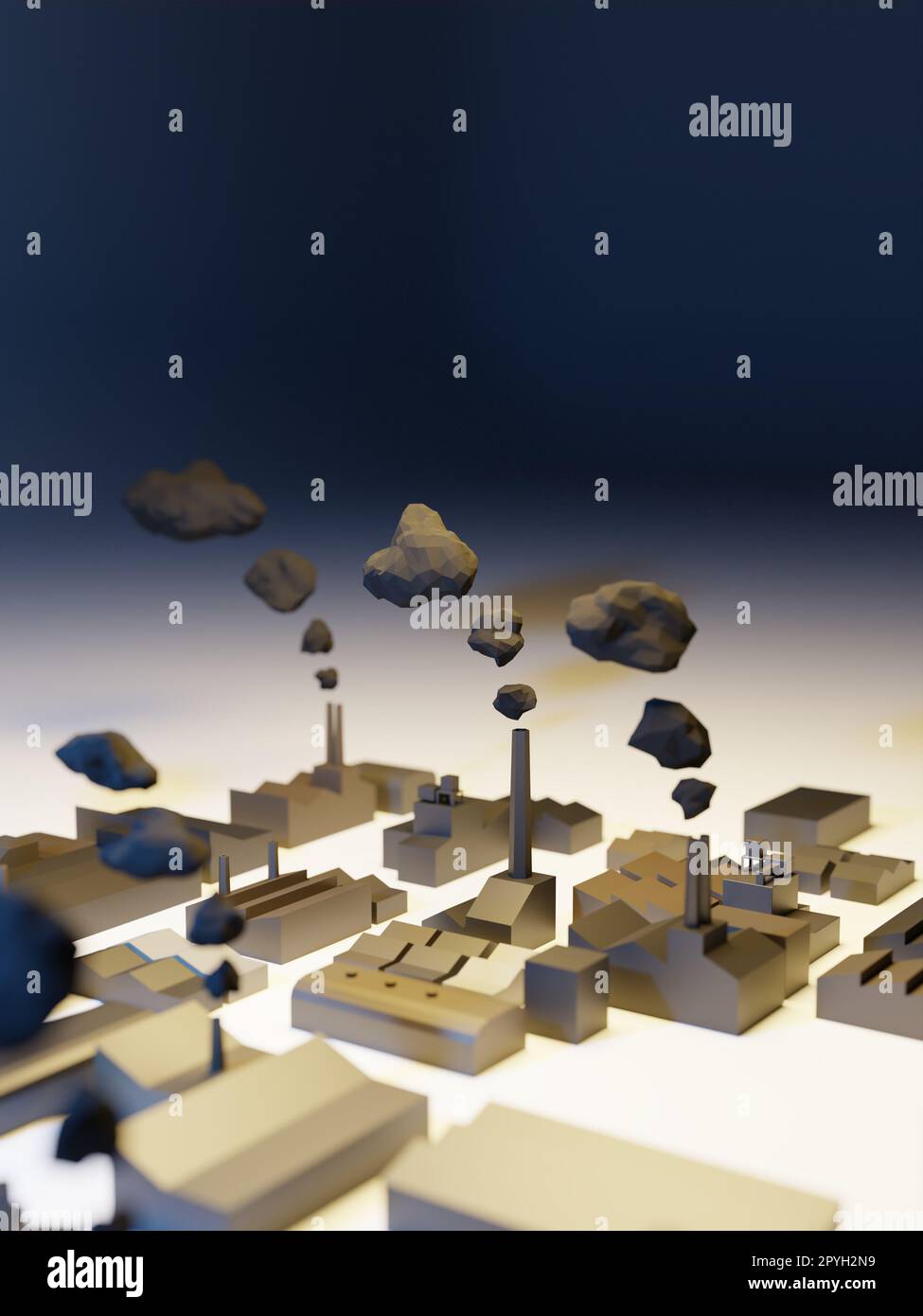 Air pollution, smoke coming out of factories. Low-poly digital 3D rendering. Stock Photo